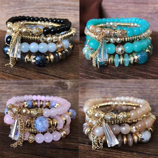 4 pieces/set Bohemian crystal tassel multi-layer elastic rope bracelet, handmade beaded bracelet, women's fashion accessories