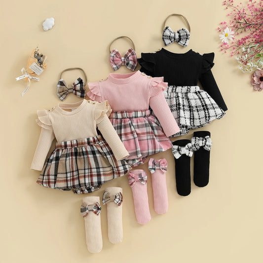 0-18 Months Baby Girl Outfits Long Sleeve Plaid Print Skirt Bodysuit with Headband Socks Set