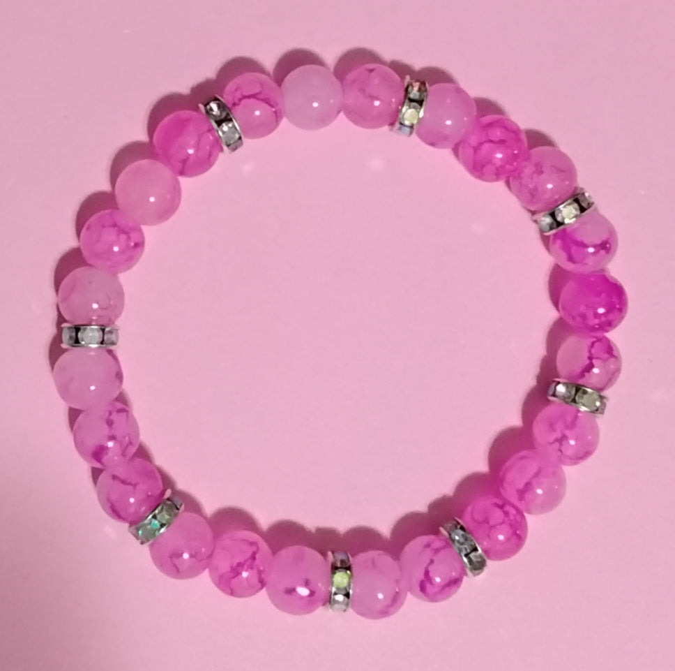 Pink Marble Rhinestone Bling Charm Bracelet & Tear Drop Earring Set Makes a Great Gift for Women/ Fashion/ Birthday/ Everyday Wear