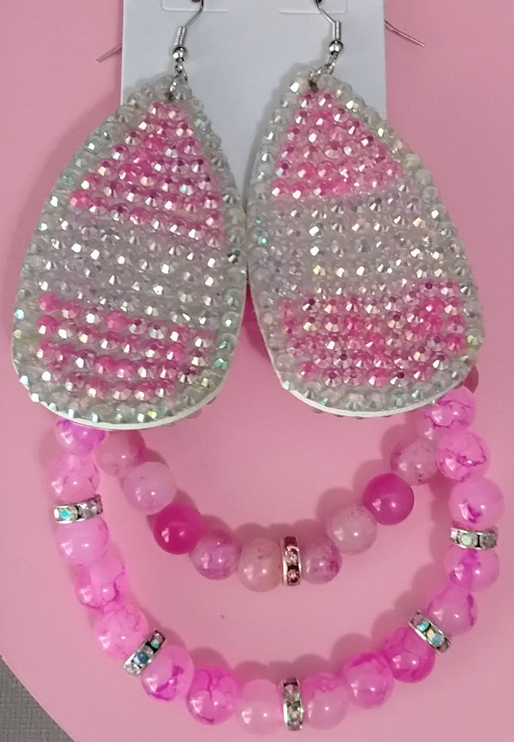 Pink Marble Rhinestone Bling Charm Bracelet & Tear Drop Earring Set Makes a Great Gift for Women/ Fashion/ Birthday/ Everyday Wear